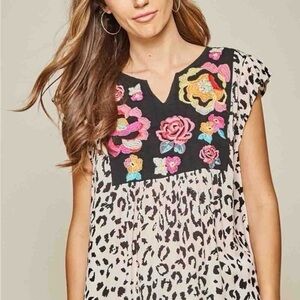 Savanna Jane Notch Neck Boho Leopard Print with Floral Embroidery in Black